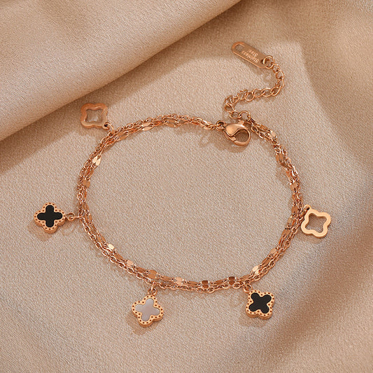 Double-Layer Chain Shell Four-Leaf Clover Bracelet Women