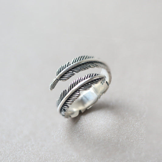 925 Sterling Silver Feather Simple Ring Retro Roman Ins Style