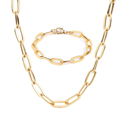 18K Gold Plated paper clip Big Cuban link Necklace and Bracelet Chain set