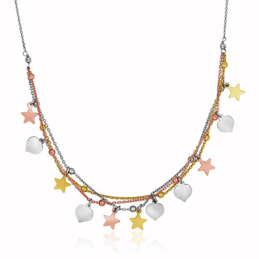 Sterling Silver 18 inch Three Toned Necklace with Polished Hearts and Stars