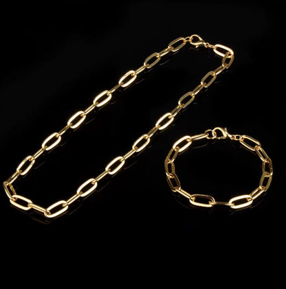 18K Gold Plated paper clip Big Cuban link Necklace and Bracelet Chain set